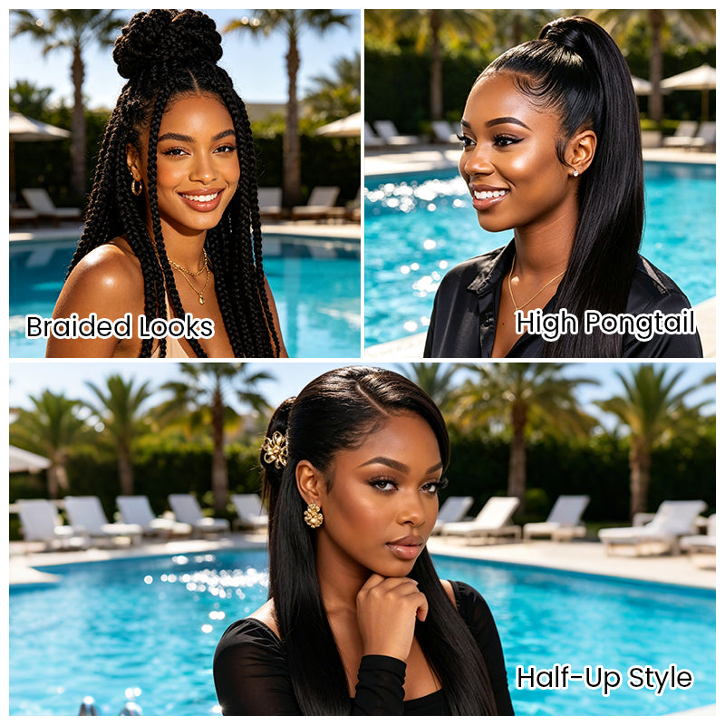 Model showcasing three different hairstyles created with Aligrace straight human hair bundles