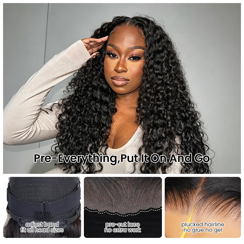 Four-step guide showing how to wear the Aligrace 6x5 water wave wear and go pre-cut glueless human hair wig with adjustable band, pre-cut lace, and pre-plucked hairline