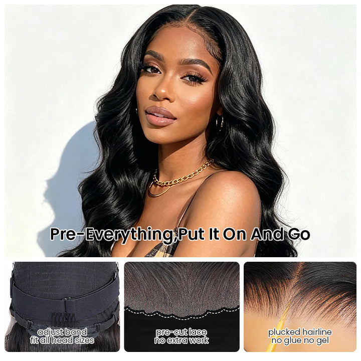 Four-step guide showing how to wear the Aligrace 5x5 body wave wear and go pre-cut glueless human hair wig with adjustable band, pre-cut lace, and pre-plucked hairline