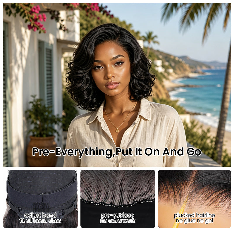 Four-step guide showing how to wear the Aligrace 6x5 body wave C-part wear and go pre-cut glueless human hair bob wig with adjustable band, pre-cut lace, and pre-plucked hairline