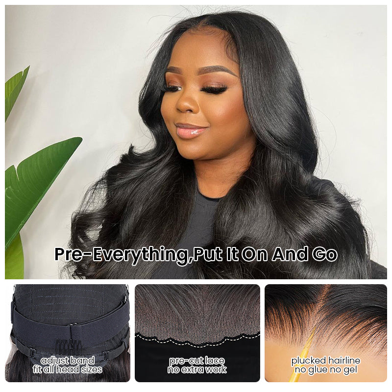Four-step guide showing how to wear the Aligrace 6x5 body wave wear and go pre-cut glueless human hair wig with adjustable band, pre-cut lace, and pre-plucked hairline