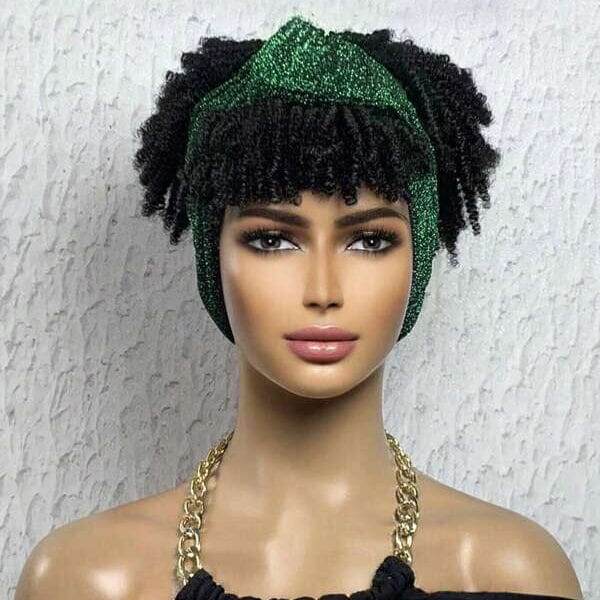 Aligrace Hair Afro Puff Head-Wrap Wigs with Bangs