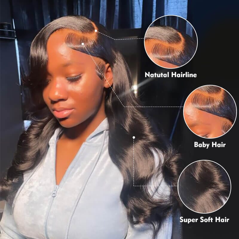 Ali Grace 360 Lace Body Wave Wig model and detail collage displaying flexible styling design, natural lace and soft wave pattern