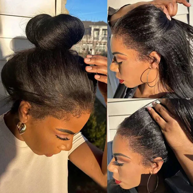 Ali Grace Kinky Straight 360 Lace Front Human Hair Wig model looks showcasing natural texture, seamless lace melt, realistic hairline and flexible styling freedom