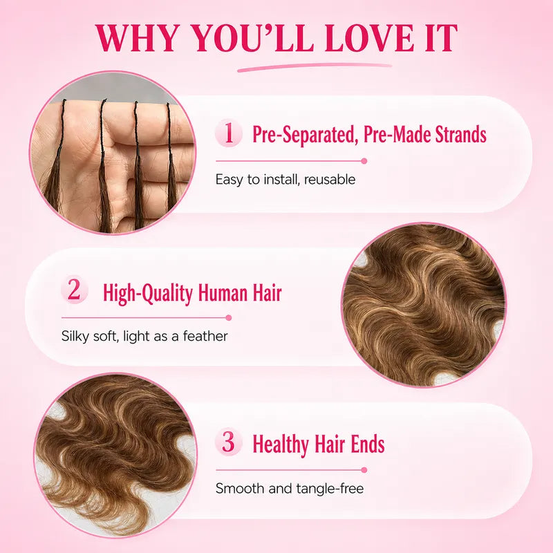Close-up of Ali Grace #4/27 Highlight Body Wave Crochet 100% Human Hair Extension showcasing luxurious body wave texture, seamless highlight color blend, reusable knot-friendly strands and premium human hair quality for boho braids.