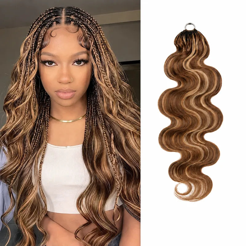 Ali Grace #4/27 Highlight Body Wave Crochet Human Hair Extension displayed on a model alongside the product, showcasing luxury body wave texture, blended highlight color and premium human hair for boho braids.
