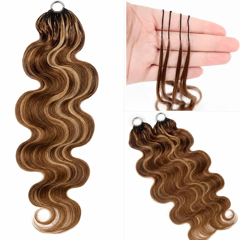 Close-up collage of Ali Grace #4/27 Highlight Body Wave Crochet Human Hair Extension highlighting luxury wave texture, reusable knot-friendly strands, seamless highlight blend and premium human hair craftsmanship.