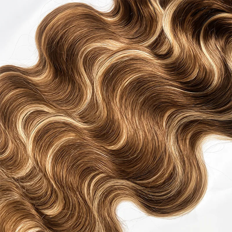Ali Grace #4/27 Highlight Body Wave Crochet 100% Human Hair Extension displayed with soft flowing body waves, dimensional highlight color, reusable knot-friendly strands and premium human hair for natural-looking boho braids.