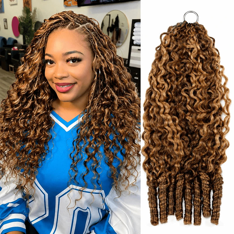 Ali Grace #4/27 Highlight Burmese Curly Crochet Human Hair Extension shown on a model with the product, showcasing soft defined curls, natural highlight blend and premium human hair quality for protective styles.