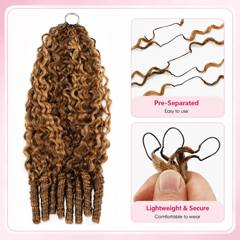 Ali Grace #4/27 Highlight Burmese Curly Crochet Human Hair Extension displayed with detailed views of the curl pattern, highlight tones, full volume texture and natural-looking human hair quality.