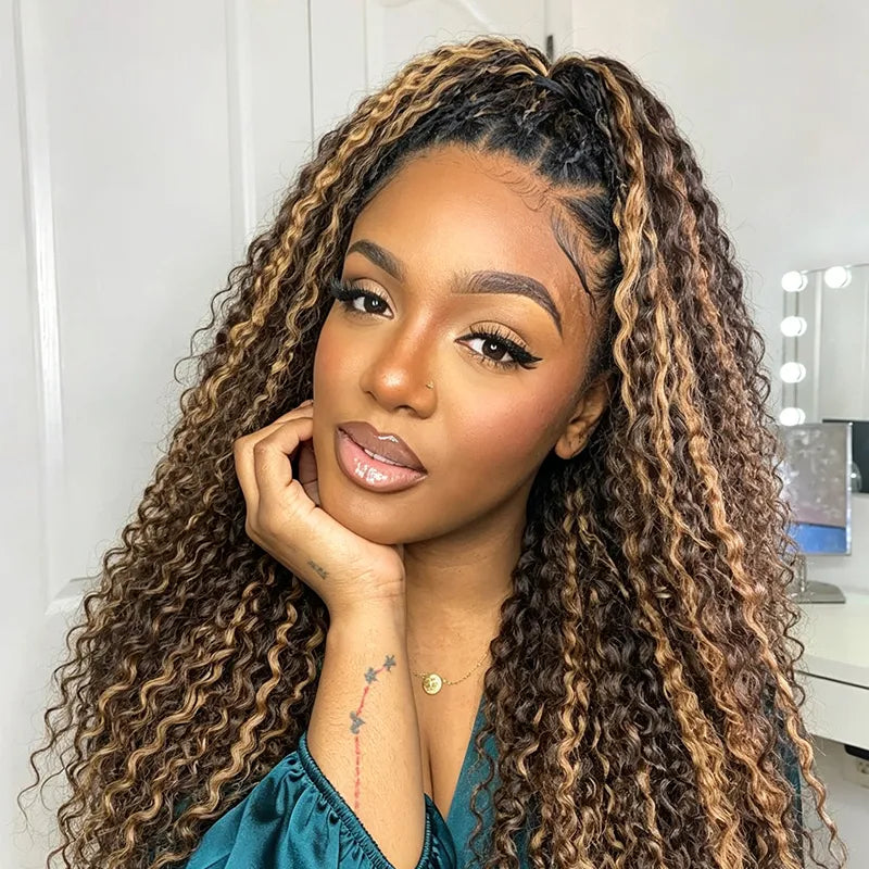 Ali Grace #4/27 Highlight Deep Wave Human Hair Crochet Extension on Model, Featuring Rich Curl Definition, Soft Texture and Natural Shine for Protective Styles