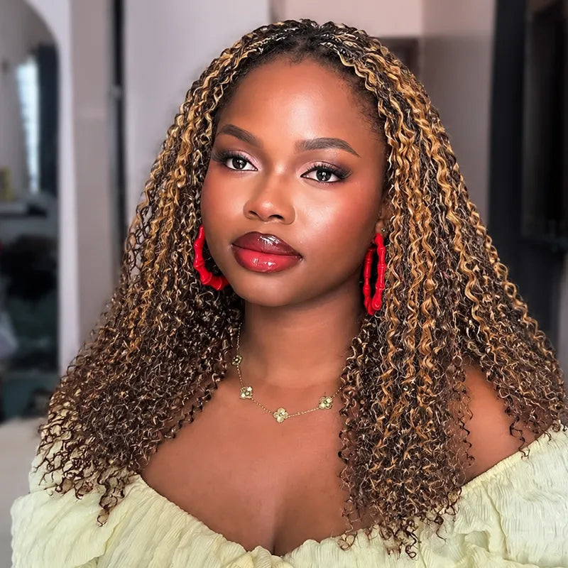 Ali Grace #4/27 Highlight Kinky Curly Crochet Hair model look featuring premium human hair extension, soft defined curls, rich fullness and natural highlight blend