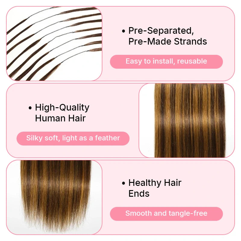 Close-up of Ali Grace #4/27 Highlight Straight Human Hair Crochet Extension highlighting smooth straight texture, soft strands, natural shine and rich highlight tones.