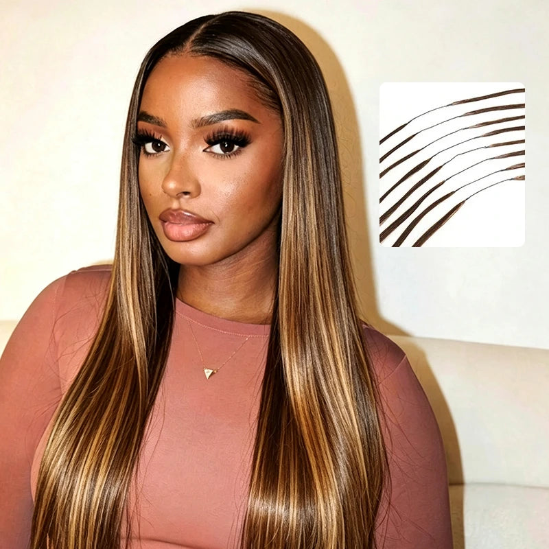 Model wearing Ali Grace #4/27 Highlight Straight Human Hair Crochet Extension featuring a smooth straight texture, rich highlight blend, lightweight comfort and a natural-looking finish for protective styles.
