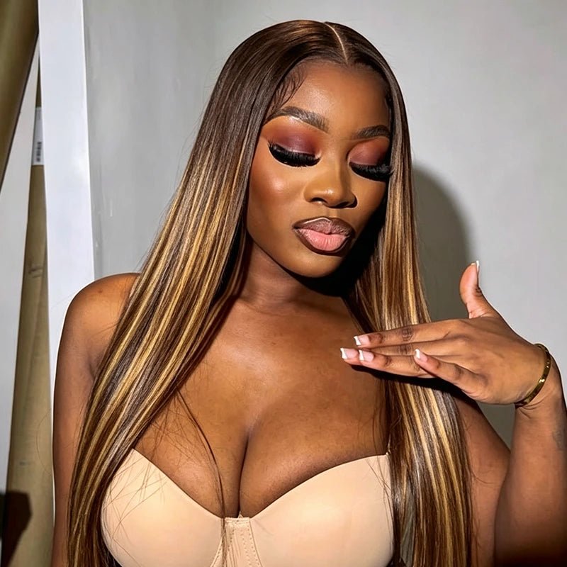 Ali Grace #4/27 Highlight Straight Human Hair Crochet Extension worn by a model, showcasing silky straight strands, dimensional highlight color and a seamless natural blend.