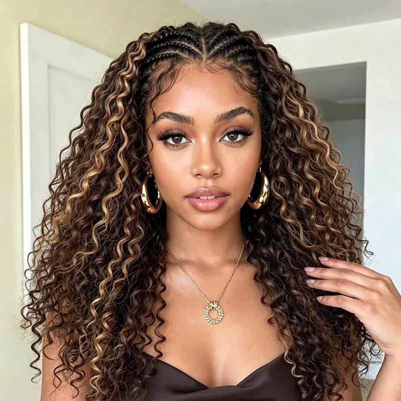 Ali Grace #4/27 Highlight Water Wave Crochet 100% Human Hair Extension on Model, Featuring Defined Water Waves, Natural Highlight Blend and Seamless Boho Style