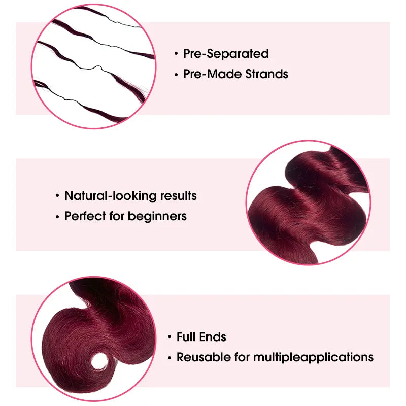 Detailed close-up of Ali Grace 99J Burgundy Body Wave Crochet Human Hair Extension showing defined body waves, soft texture, healthy shine and rich burgundy tone.