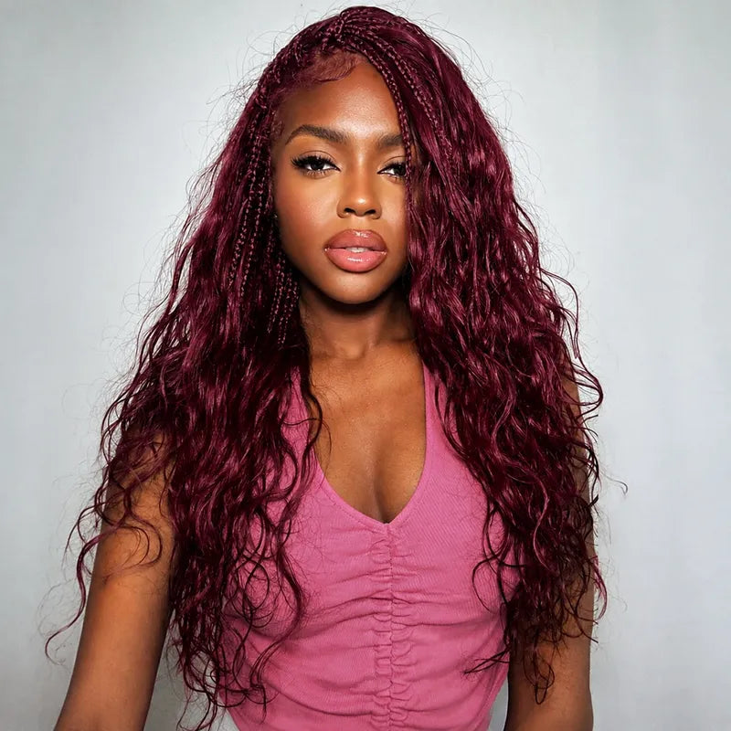 Ali Grace 99J Burgundy Body Wave Crochet Human Hair Extension featuring a model wearing the hair alongside the product, showcasing soft waves, vibrant burgundy color and premium human hair quality.
