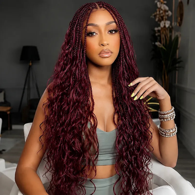 Model wearing Ali Grace 99J Burgundy Body Wave Crochet 100% Human Hair Extension with soft body waves, rich burgundy color and a natural-looking texture for protective styles.