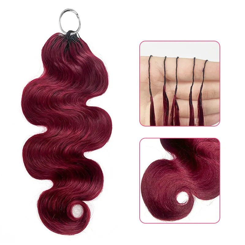 Close-up of Ali Grace 99J Burgundy Body Wave Crochet Human Hair Extension highlighting the soft body wave pattern, smooth texture, natural shine and premium human hair craftsmanship.