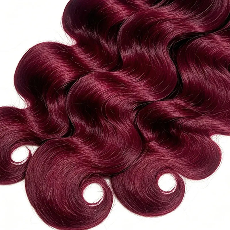 Ali Grace 99J Burgundy Body Wave Crochet 100% Human Hair Extension displayed with natural body waves, vibrant burgundy color, lightweight feel and reusable premium human hair.