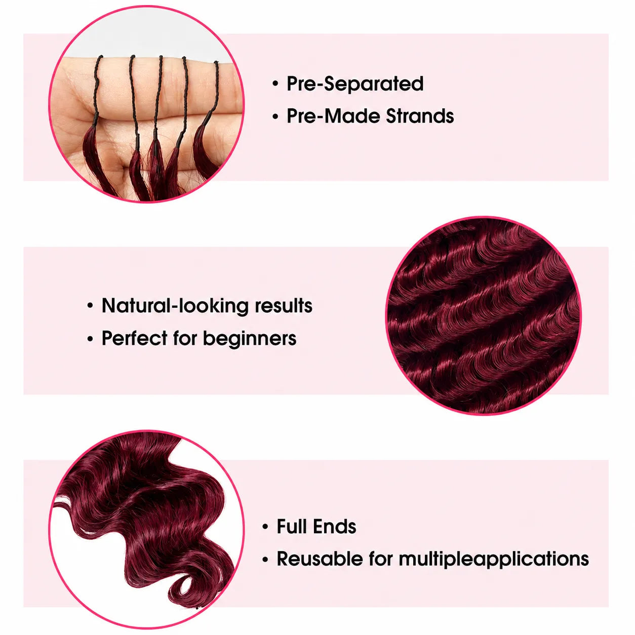 Detailed close-up of Ali Grace 99J Burgundy Deep Wave Crochet Human Hair Extension highlighting rich burgundy color, defined wave pattern, healthy shine and premium human hair texture.