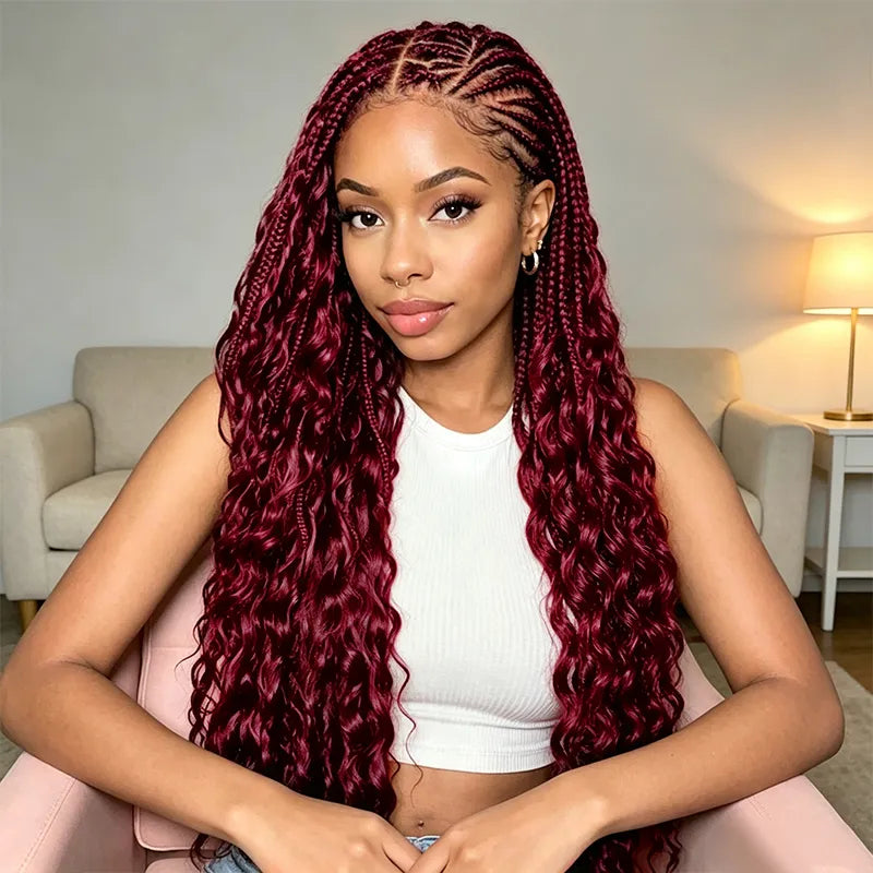 Model wearing Ali Grace 99J Burgundy Deep Wave Crochet 100% Human Hair Extension featuring defined deep waves, rich burgundy color, miracle knot-friendly design and a natural-looking finish for protective styles.