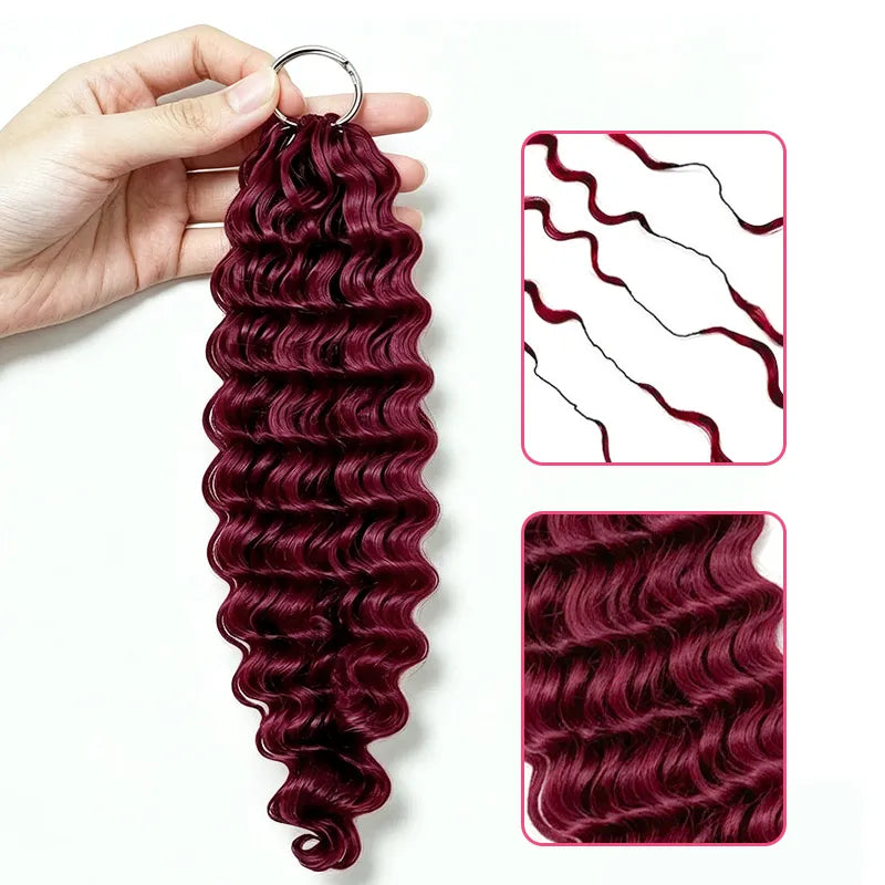 Close-up collage of Ali Grace 99J Burgundy Deep Wave Crochet Human Hair Extension showcasing defined deep waves, soft texture, natural shine and miracle knot-friendly craftsmanship.