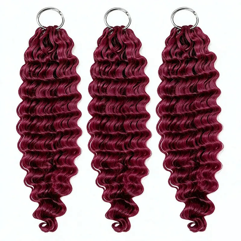 Ali Grace 99J Burgundy Deep Wave Crochet 100% Human Hair Extension displayed with deep wave definition, vibrant burgundy tone, natural-looking texture and reusable premium human hair.