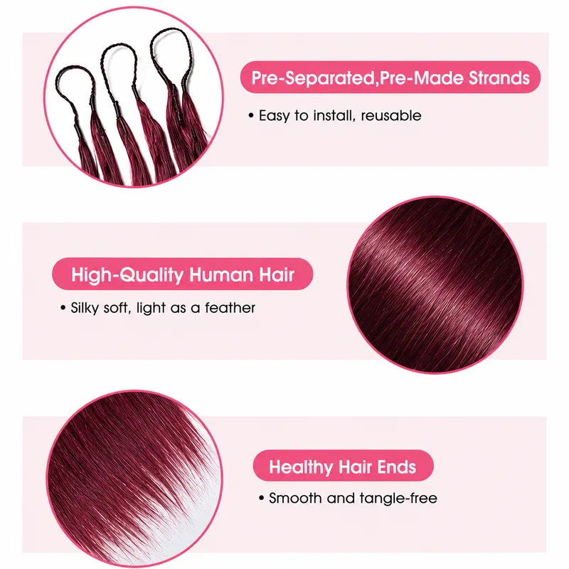 Detailed view of Ali Grace 99J Burgundy Straight Crochet Hair highlighting the silky straight strands, healthy shine, lightweight feel and rich burgundy tone.