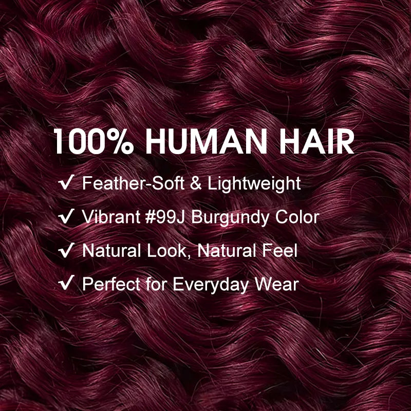 Detailed close-up of Ali Grace Burgundy Water Wave Crochet Hair featuring soft natural waves, healthy shine, smooth human hair texture and rich burgundy tone.