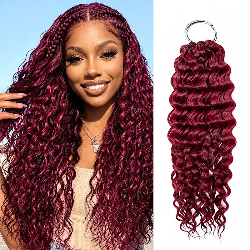 Ali Grace Burgundy Water Wave Crochet Hair displayed on a model alongside the product, showcasing soft flowing water waves, premium human hair and vibrant burgundy color for boho braids.