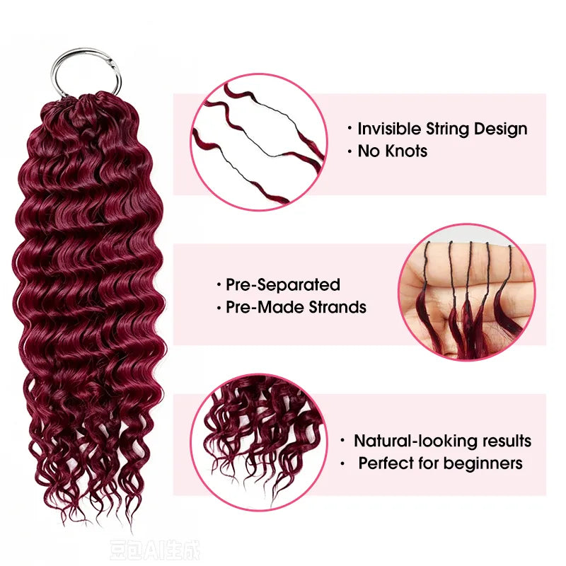 Close-up collage of Ali Grace Burgundy Water Wave Crochet Hair highlighting the defined water wave texture, miracle knot-friendly design, natural shine and premium human hair craftsmanship.