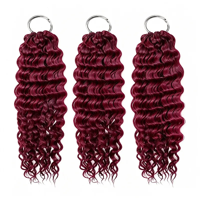 Ali Grace Burgundy Water Wave Crochet Hair Human Hair Extension displayed with flowing water waves, vibrant burgundy color, reusable premium human hair and a natural-looking finish for protective styles.