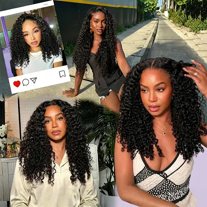 Model wearing Ali Grace Burmese Curly Human Hair Bundles styled in multiple natural, voluminous curly looks