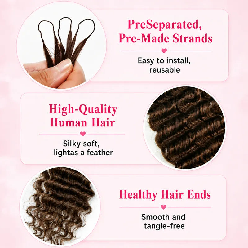 Detailed close-up of Ali Grace Chocolate Brown Deep Wave Crochet Human Hair Extension featuring rich chocolate brown color, soft deep wave texture, healthy shine and lightweight human hair.