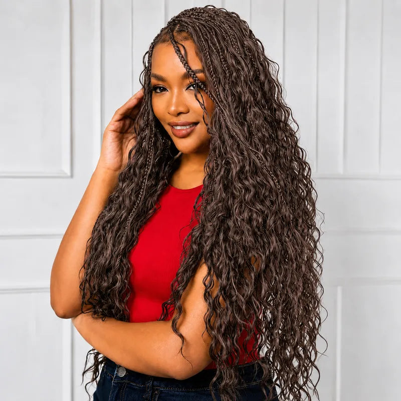Model wearing Ali Grace Chocolate Brown Deep Wave Crochet 100% Human Hair Extension featuring defined deep waves, rich chocolate brown color and a natural-looking finish for boho braids and protective styles.