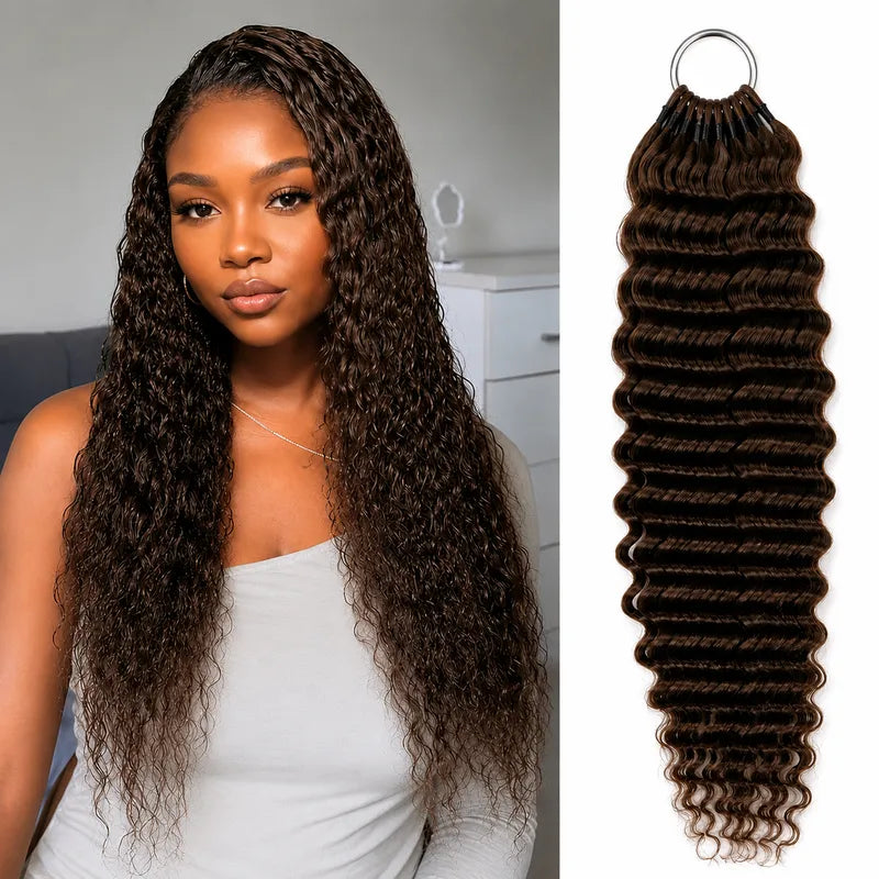 Ali Grace Chocolate Brown Deep Wave Crochet Human Hair Extension displayed on a model alongside the product, showcasing soft deep waves, premium human hair and rich chocolate brown color for boho braids.