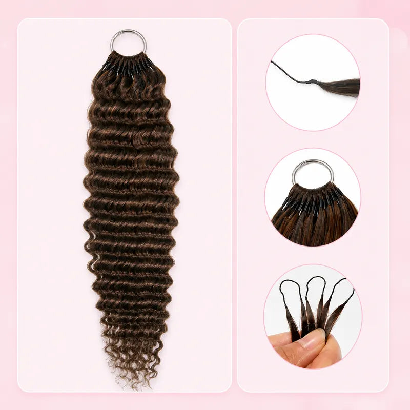 Close-up collage of Ali Grace Chocolate Brown Deep Wave Crochet Human Hair Extension highlighting the defined deep wave pattern, miracle knot-friendly design, natural shine and premium human hair craftsmanship.