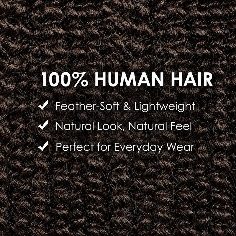 Close-up of Ali Grace Chocolate Brown Kinky Curly Crochet Human Hair Extension featuring soft defined curls, rich chocolate brown color, miracle knot-friendly design and premium 100% human hair quality for natural-looking boho braids.