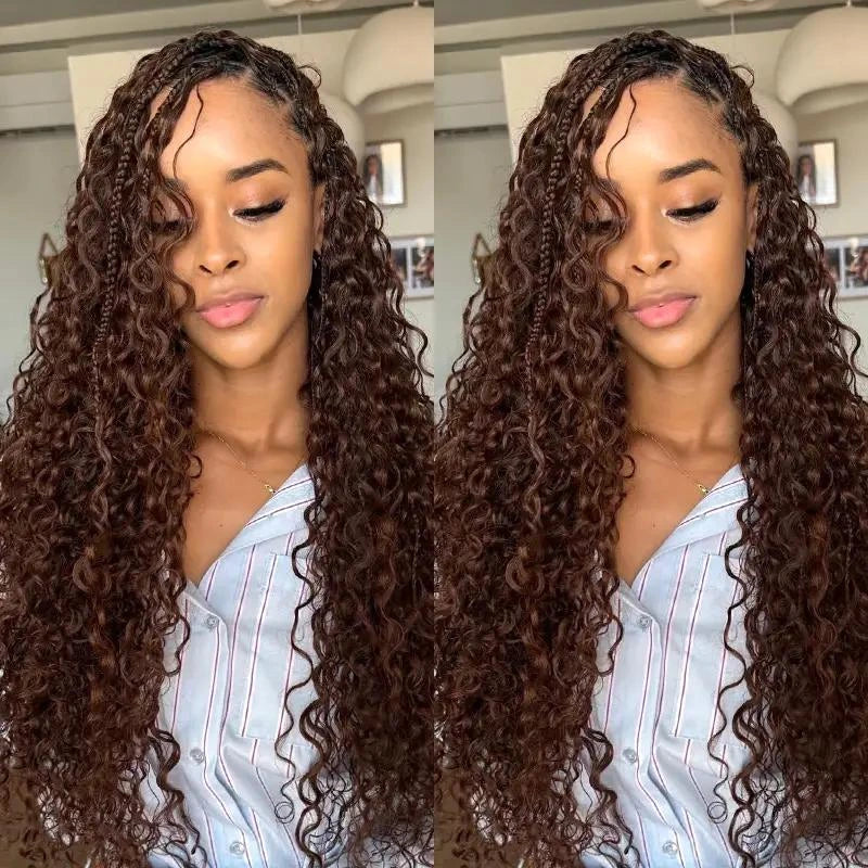 Ali Grace Chocolate Brown Kinky Curly Crochet Human Hair Extension styled in boho braids with soft defined curls and natural texture