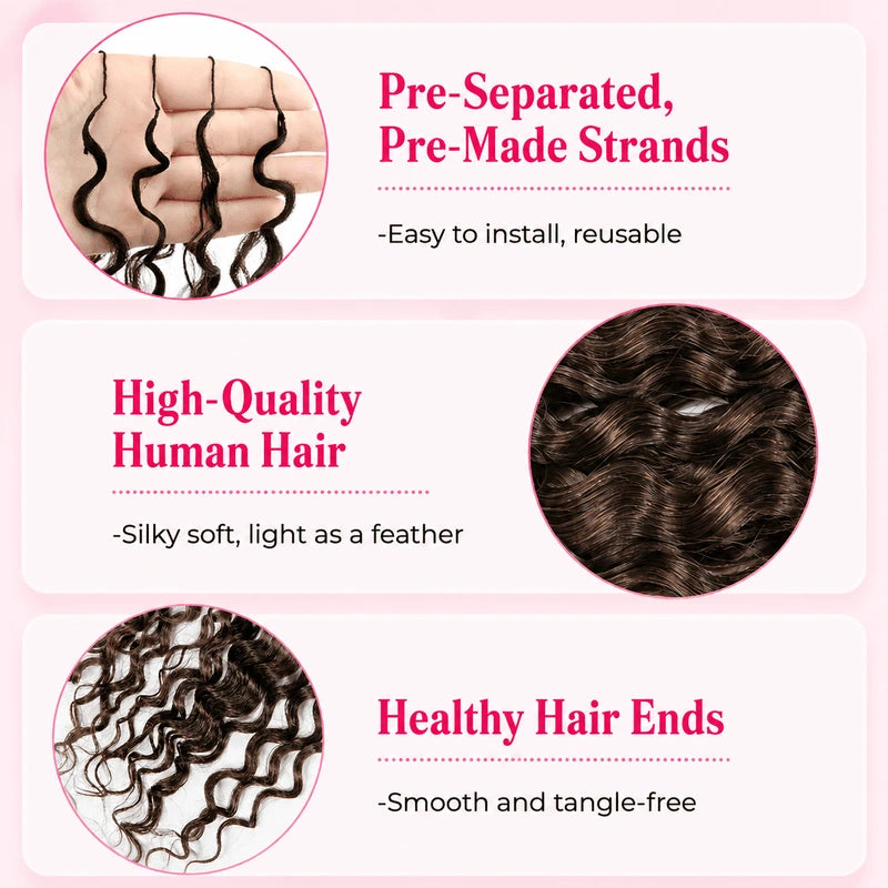 Close-up of Ali Grace Chocolate Brown Water Wave Crochet Human Hair Extension showcasing soft flowing waves, natural shine, smooth texture and premium human hair craftsmanship.