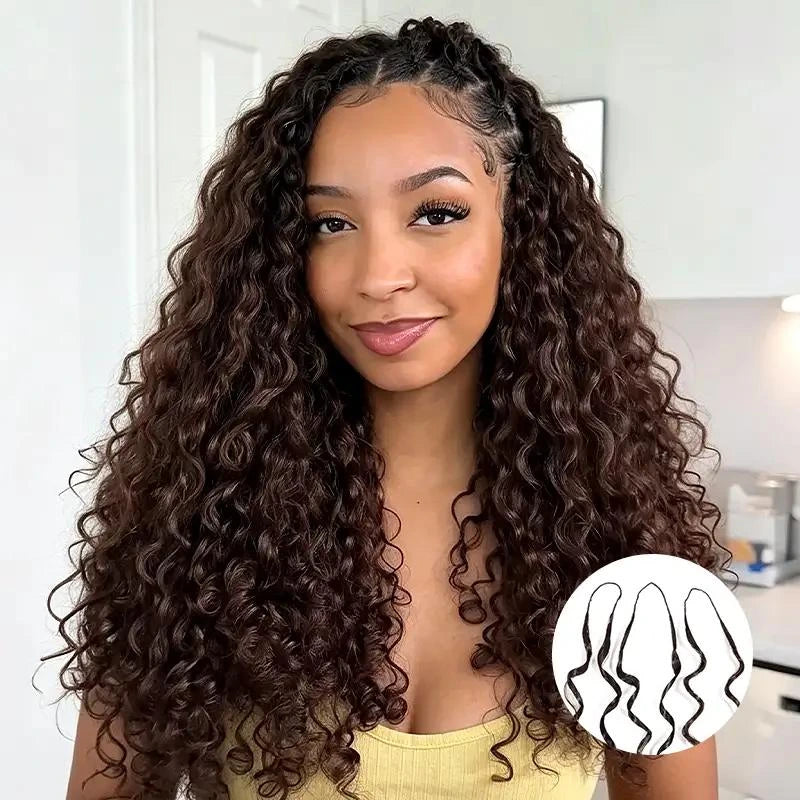 Model wearing Ali Grace Chocolate Brown Water Wave Crochet 100% Human Hair Extension with soft natural waves, rich chocolate brown color, reusable texture and a natural-looking finish for boho braids.