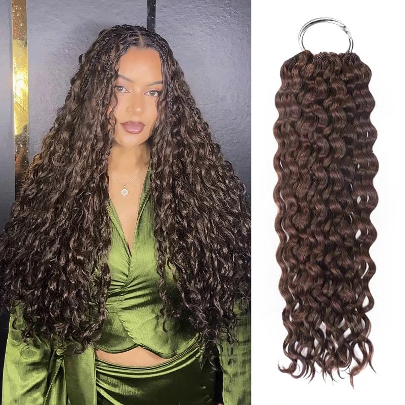 Ali Grace Chocolate Brown Water Wave Crochet Human Hair Extension shown on a model with the product, highlighting natural water wave texture, soft human hair quality and protective style versatility.