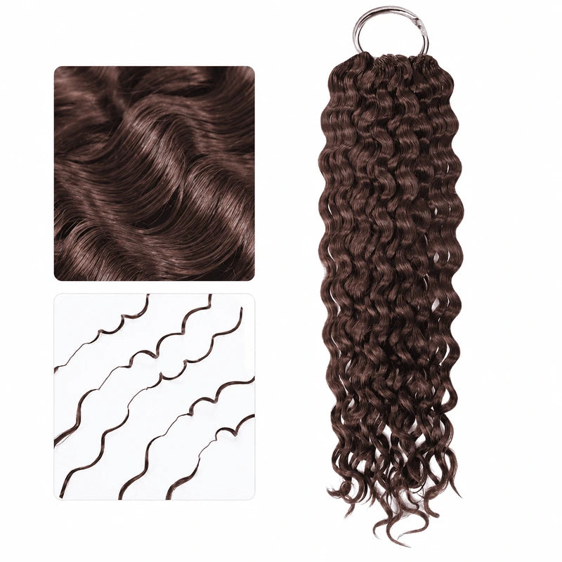 Ali Grace Chocolate Brown Water Wave Crochet Hair displayed with detailed views of the wave pattern, soft texture, reusable strands and natural chocolate brown color for boho braids.