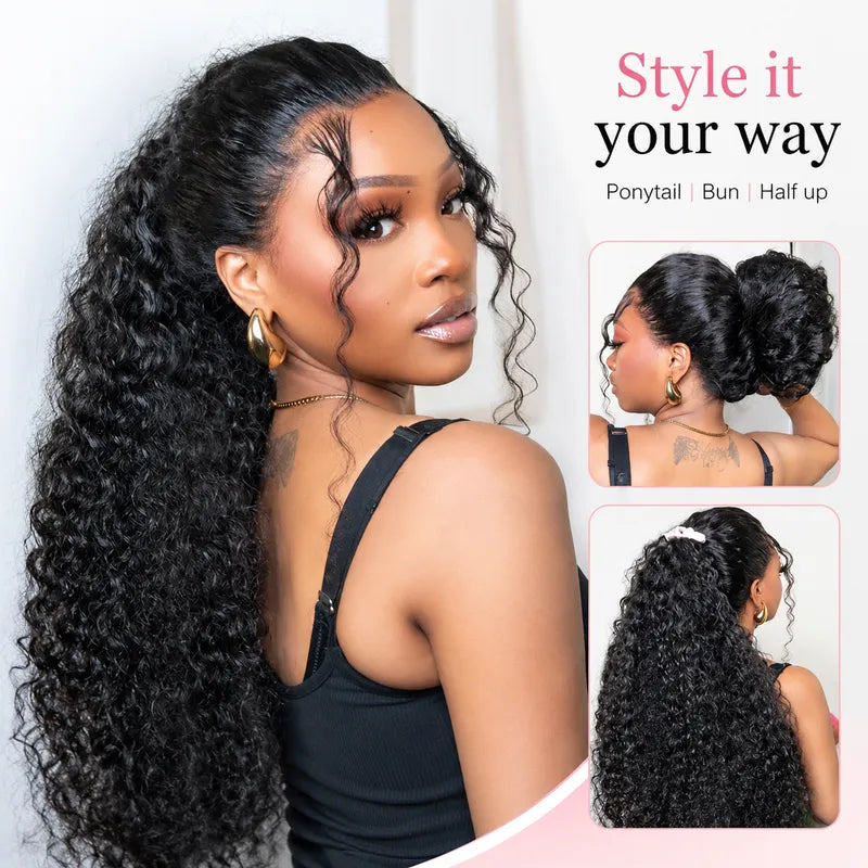 Ali Grace Human Hair 360 Circular Lace Curly Wig model collage featuring pre-plucked bleached knots, natural hairline, seamless lace blend, defined curls and ultimate styling freedom