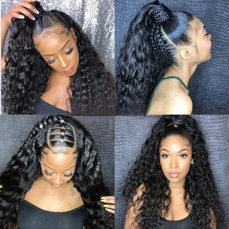 Ali Grace Pre Plucked Bleached Knots 360 Circular Lace Water Wave Wig Human Hair model collage featuring natural hairline, seamless lace blend, defined water waves and ultimate styling freedom
