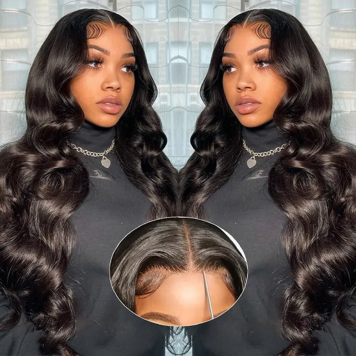 Model wearing Ali Grace Wear &amp; Go 6x5 Pre-Cut Lace Body Wave glueless human hair wig with pre-bleached invisible knots, featuring a natural hairline, seamless lace blend, and effortless everyday styling.