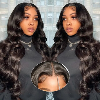 Model wearing Ali Grace Wear & Go 6x5 Pre-Cut Lace Body Wave glueless human hair wig with pre-bleached invisible knots, featuring a natural hairline, seamless lace blend, and effortless everyday styling.