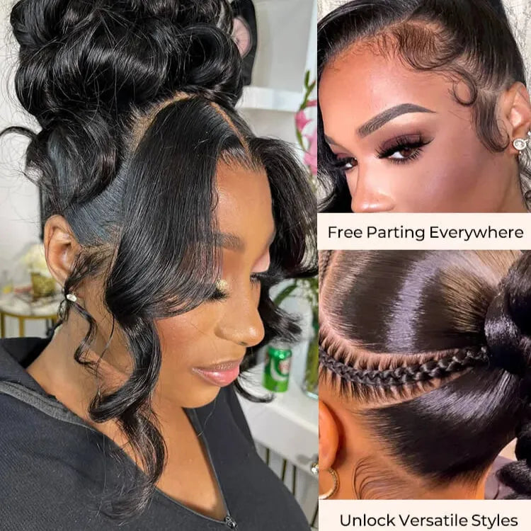 Ali Grace Body Wave Human Hair Wig model and close-up details featuring smooth waves, natural texture and high quality human hair